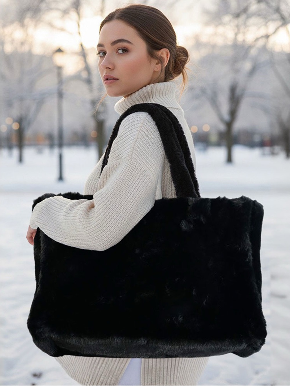 Black Faux Fur Tote Bag - Women
